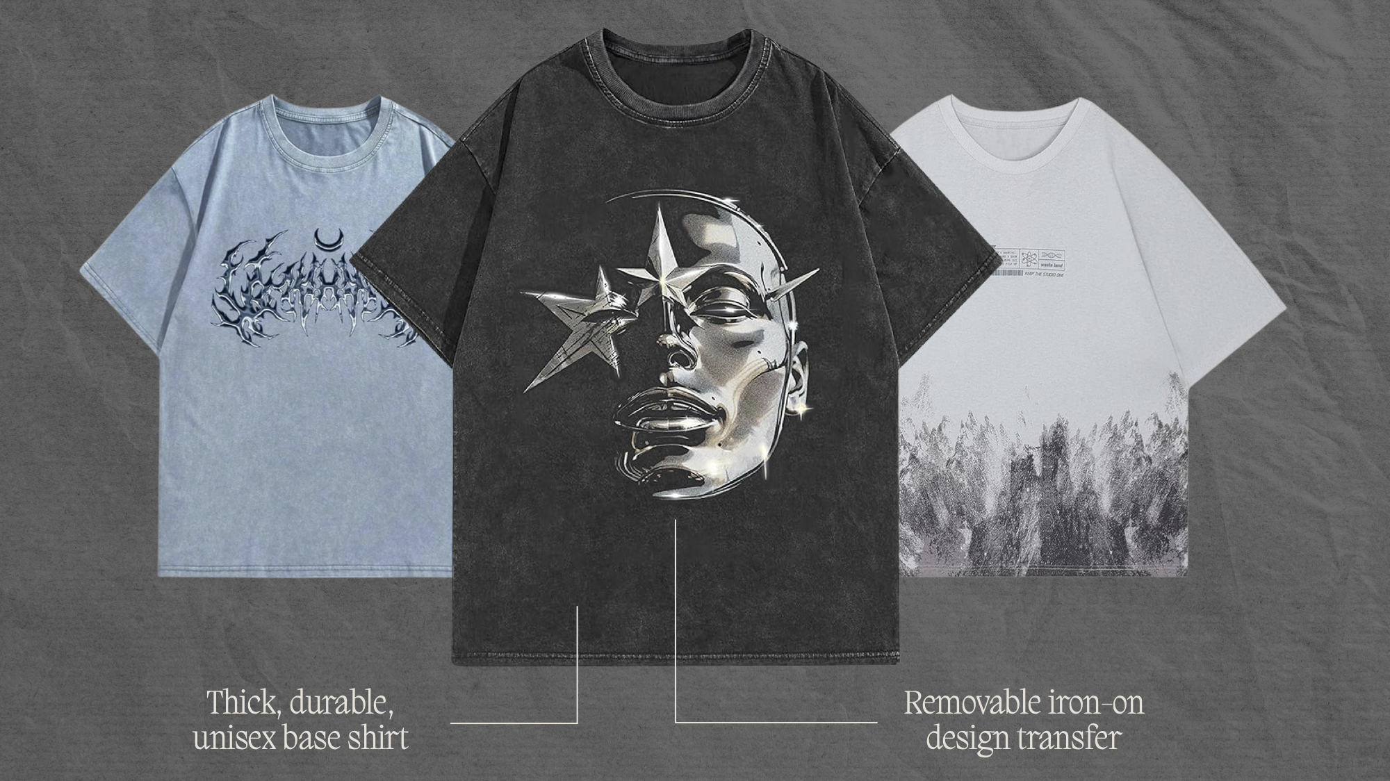 a blue, dark grey, and white shirt with custom ironed on prints on them.